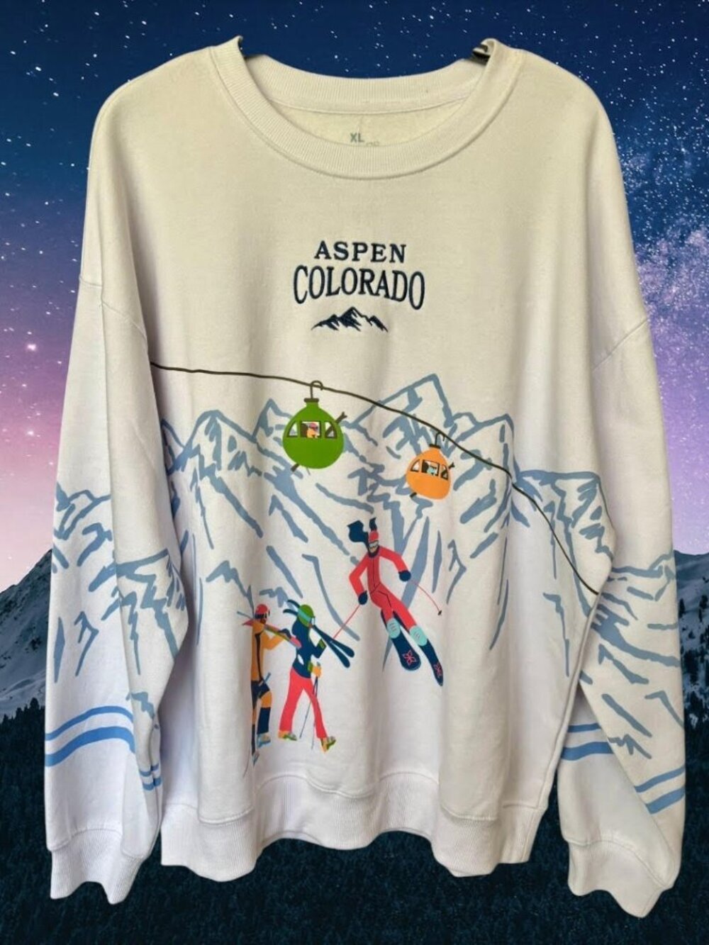 NEW!!! Aspen Colorado - White - Graphic Ski Crewneck Sweatshirt - Size XL